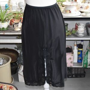 Vintage 70s Lady Lynne Black Half Slip Small Lace Trim Slit USA Made Lingerie